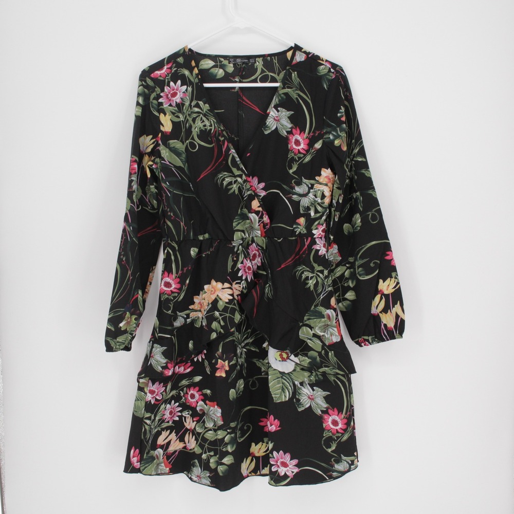 August Women's Black Floral‎ Ruffle V-Neck Long Sleeve Mini Dress Size M
